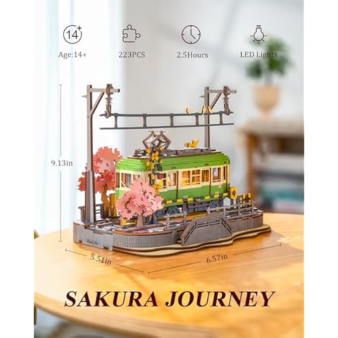3D PUZZLE SAKURA TRAVEL WOODEN PUZZLES FOR ADULTS TO BUILD SAKURA DENSYA MODEL KITS WITH LED LIGHTS ANIMATION SCENE HOME DECORATION ROMANTIC BIRTHDAY GIFTS FOR HIM / HER - Image 3